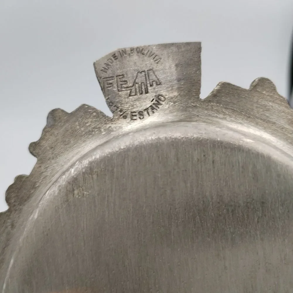 VTG Made in‎ Bolivia 97% Pewter Trinket Dish Oval Inca Tribal Indian Design FEMA
